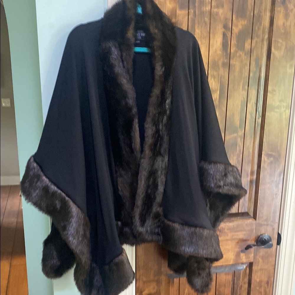 Fabulous Fur Black Fox Faux Fur Trimmed Shawl. Rarely worn. Great condition. OS.